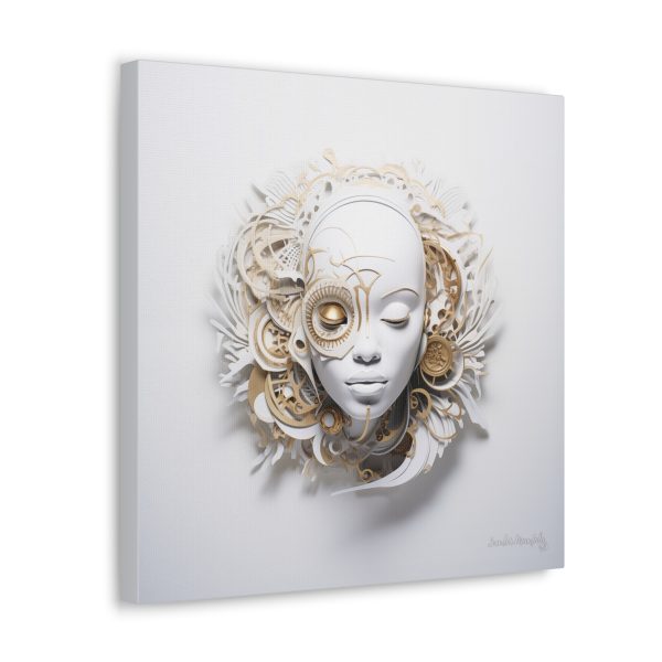 Canvas Gallery Wrap Tribal Mask Mandala, White and Gold - "Horology" - Image 10