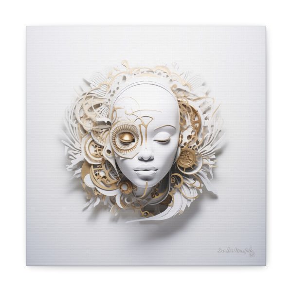 Canvas Gallery Wrap Tribal Mask Mandala, White and Gold - "Horology" - Image 5