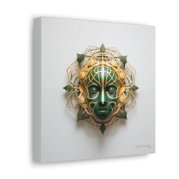Canvas Gallery Wrap Tribal Mask Mandala, Green and Gold - "Fiber" - Image 2