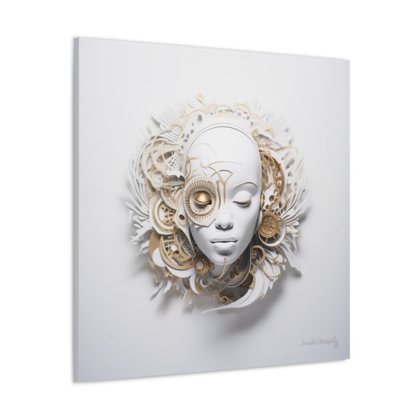 Canvas Gallery Wrap Tribal Mask Mandala, White and Gold - "Horology" - Image 30