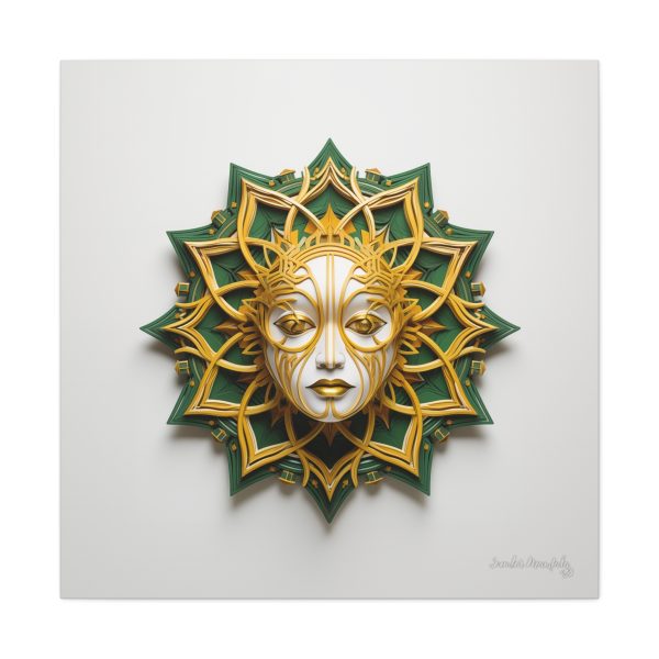 Canvas Gallery Wrap Tribal Mask Mandala, Green and Gold - "Helio" - Image 29