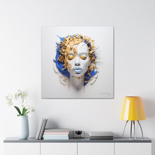 Canvas Gallery Wrap Tribal Mask Mandala, Blue and Gold - "Cascade" - Image 32