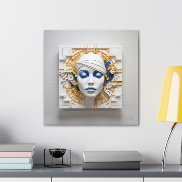 Canvas Gallery Wrap Tribal Mask Mandala, Blue and Gold - "Maze" - Image 24