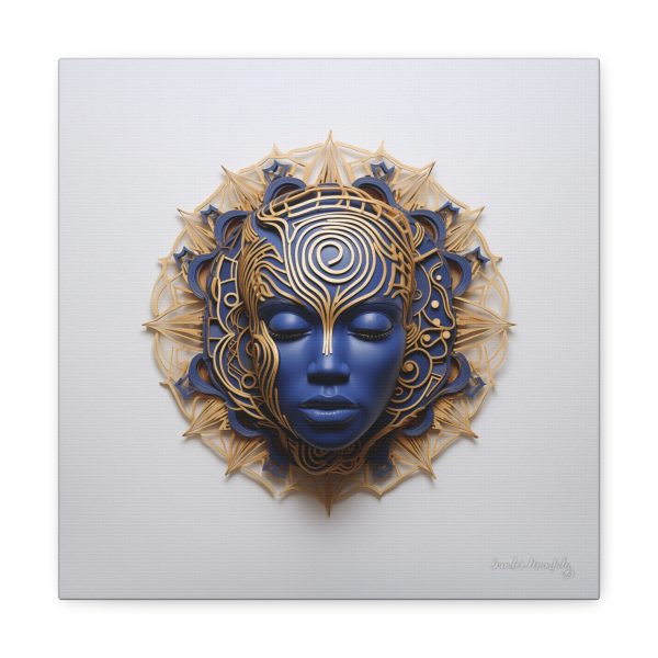 Canvas Gallery Wrap Tribal Mask Mandala, Blue and Gold - "Weaver" - Image 5