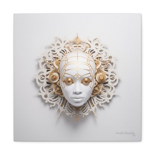 Canvas Gallery Wrap Tribal Mask Mandala, White and Gold - "Enigma" - Image 9