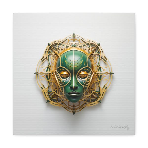 Canvas Gallery Wrap Tribal Mask Mandala, Green and Gold - "Tesselate" - Image 9