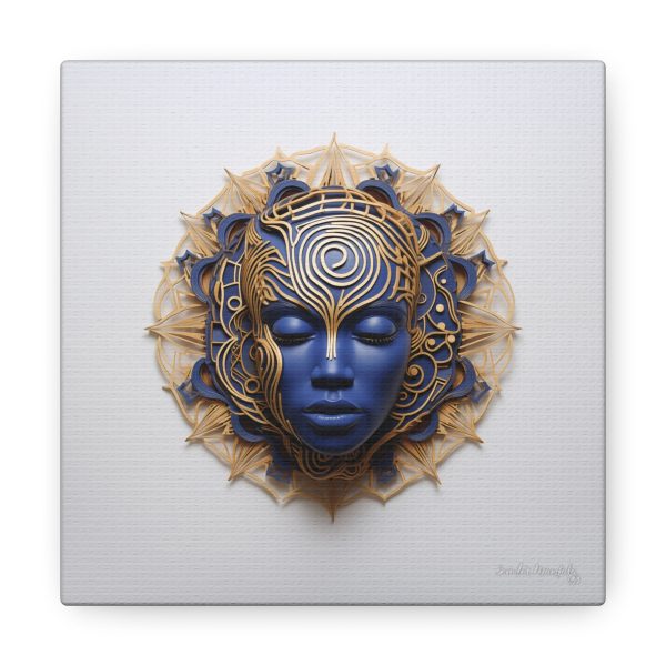 Canvas Gallery Wrap Tribal Mask Mandala, Blue and Gold - "Weaver" - Image 17
