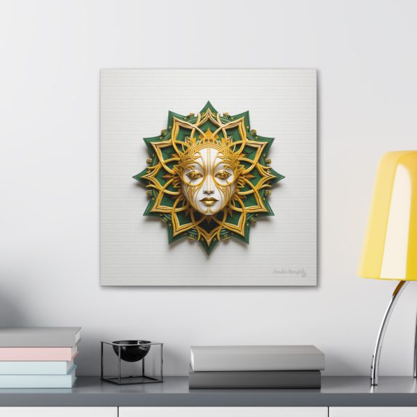 Canvas Gallery Wrap Tribal Mask Mandala, Green and Gold - "Helio" - Image 24