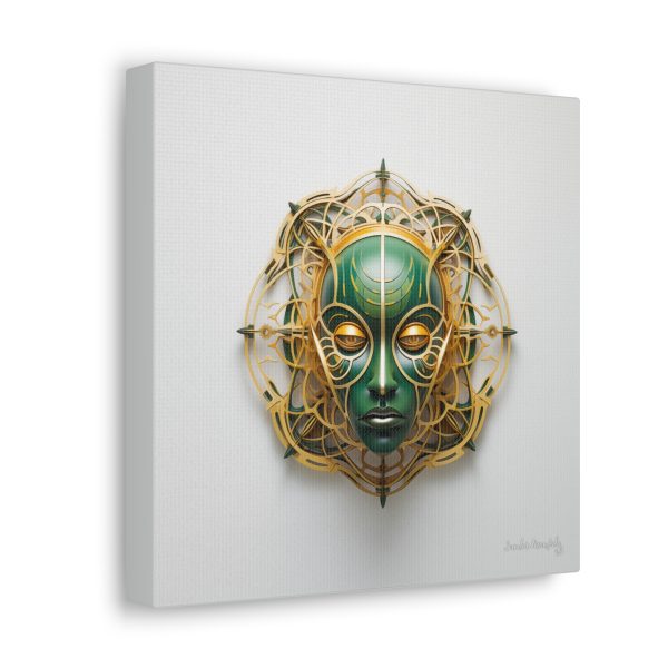 Canvas Gallery Wrap Tribal Mask Mandala, Green and Gold - "Tesselate" - Image 2