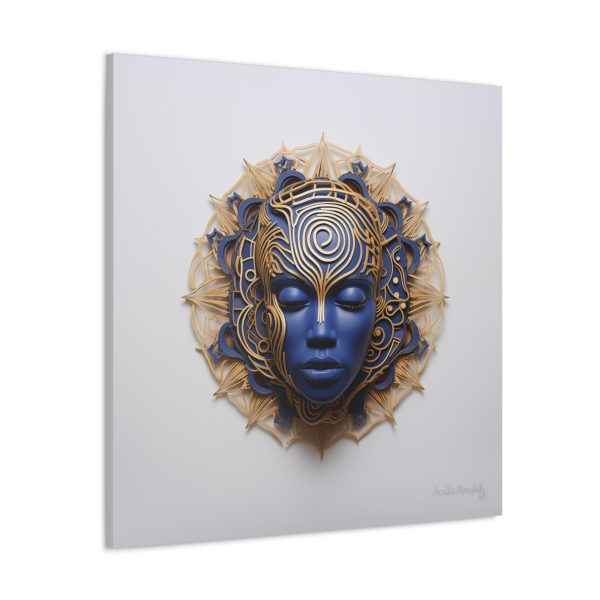 Canvas Gallery Wrap Tribal Mask Mandala, Blue and Gold - "Weaver" - Image 30