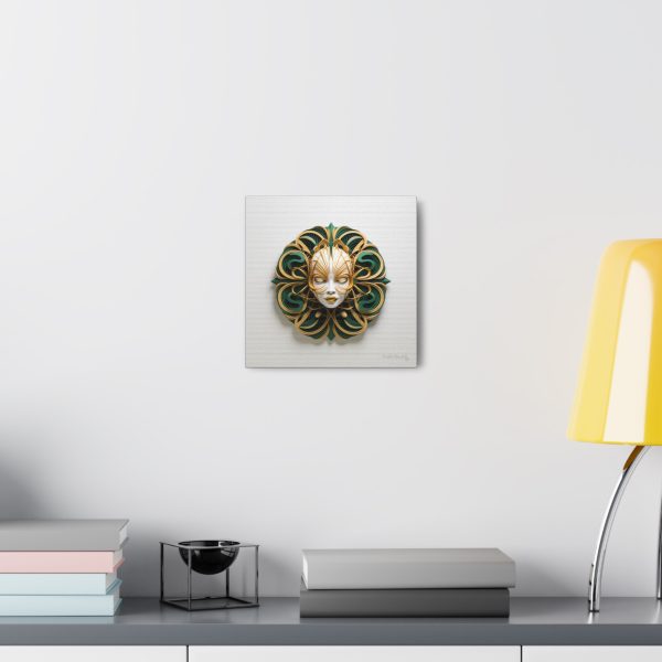 Canvas Gallery Wrap Tribal Mask Mandala, Green and Gold - "Phoebus" - Image 4