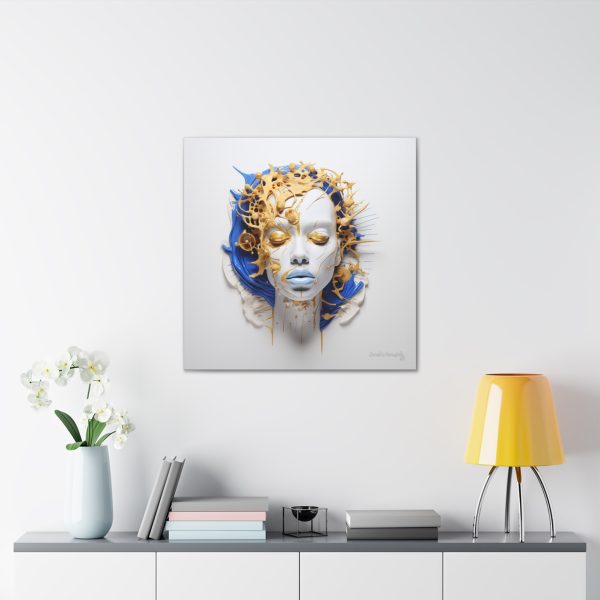 Canvas Gallery Wrap Tribal Mask Mandala, Blue and Gold - "Cascade" - Image 16