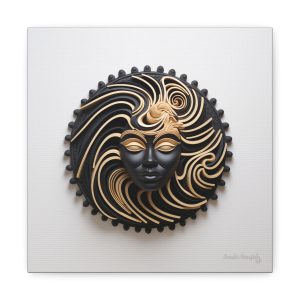 Canvas Gallery Wrap Tribal Mask Mandala, Black and Gold - "Shield"