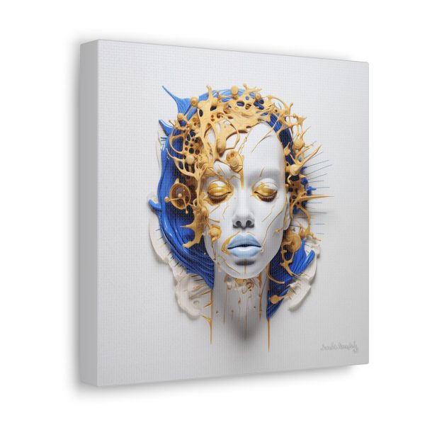 Canvas Gallery Wrap Tribal Mask Mandala, Blue and Gold - "Cascade" - Image 2