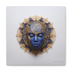 Canvas Gallery Wrap Tribal Mask Mandala, Blue and Gold - "Weaver"