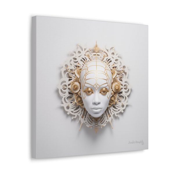 Canvas Gallery Wrap Tribal Mask Mandala, White and Gold - "Enigma" - Image 10