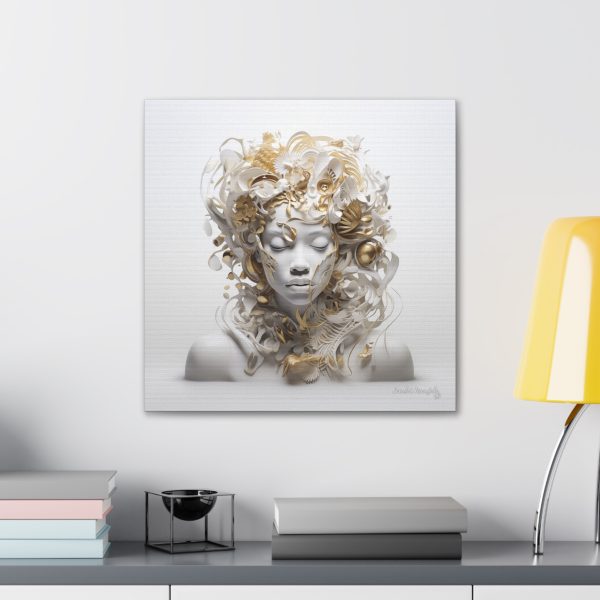 Canvas Gallery Wrap Tribal Mask Mandala, White and Gold - "Anthousai" - Image 10