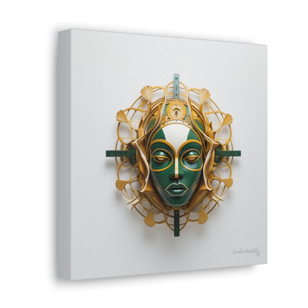 Canvas Gallery Wrap Tribal Mask Mandala, Green and Gold - "Nexus" - Image 2