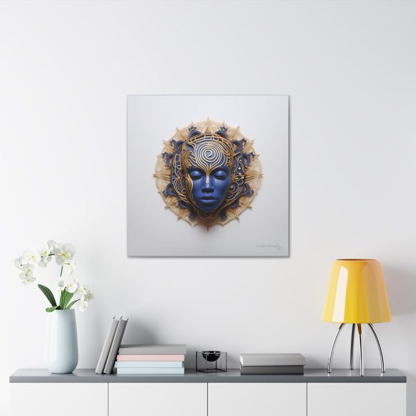 Canvas Gallery Wrap Tribal Mask Mandala, Blue and Gold - "Weaver" - Image 16