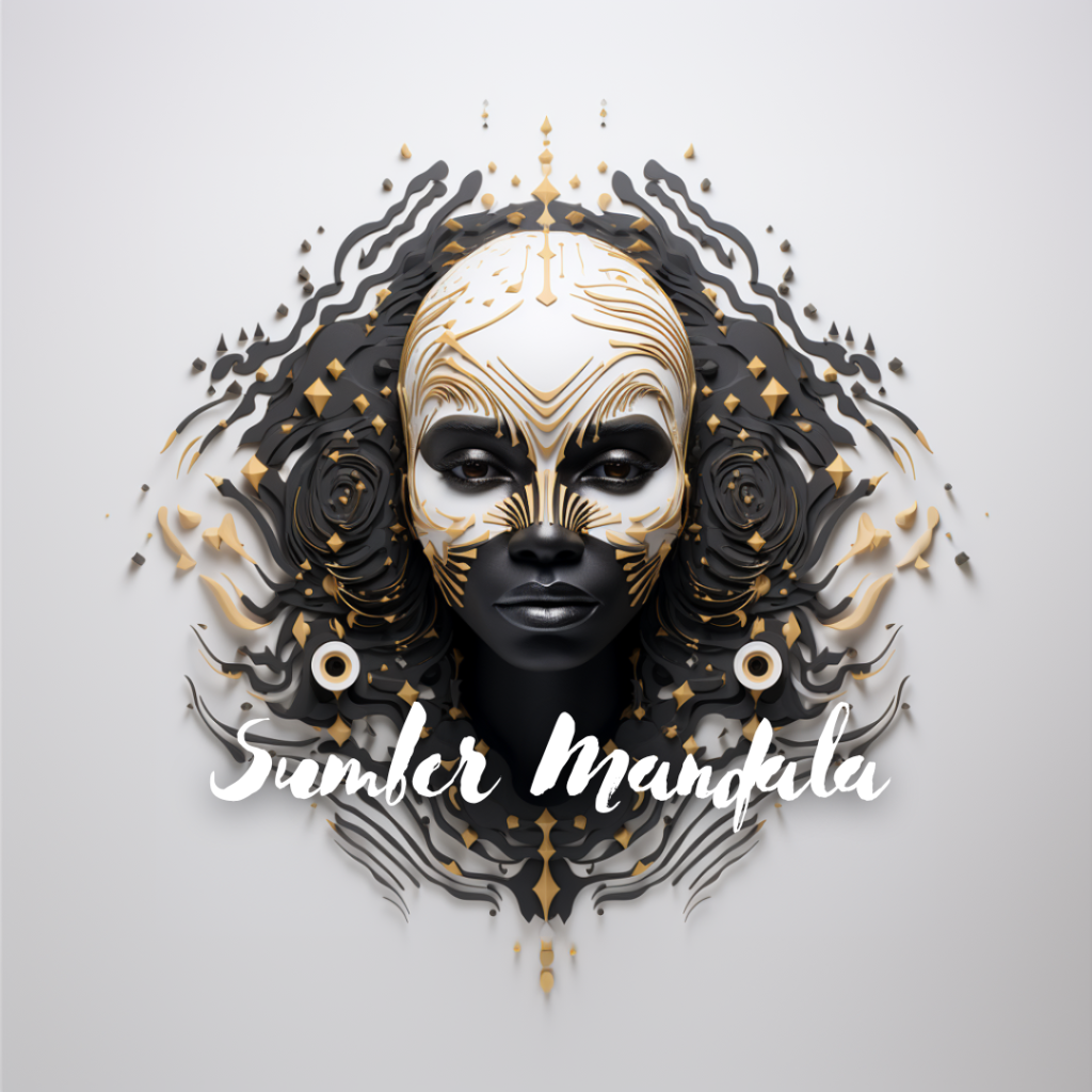 Digital mandala-style art of a black woman with gold and white ceremonial mask, surrounded by abstract sacred geometry design - Sumber Mandala brand logo.